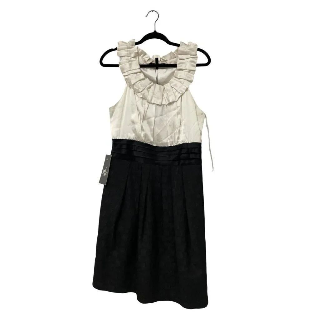 BCBGeneration Womens Dress sz 10 White Black Woven Jacquard Ruffle Cocktail NWT